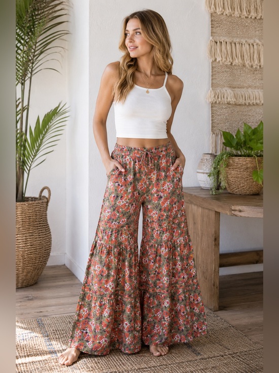 NATURAL LIFE Pants - Natural Life Wide Leg Pants Boho Floral Rayon Elastic Waist XS